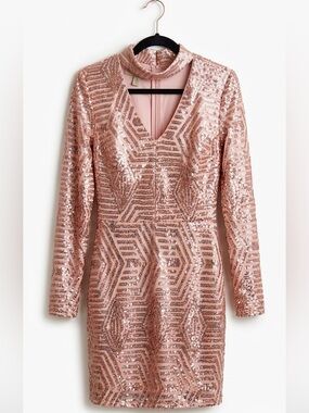 Rose Gold Sequin V-Neck Long Sleeve Dress